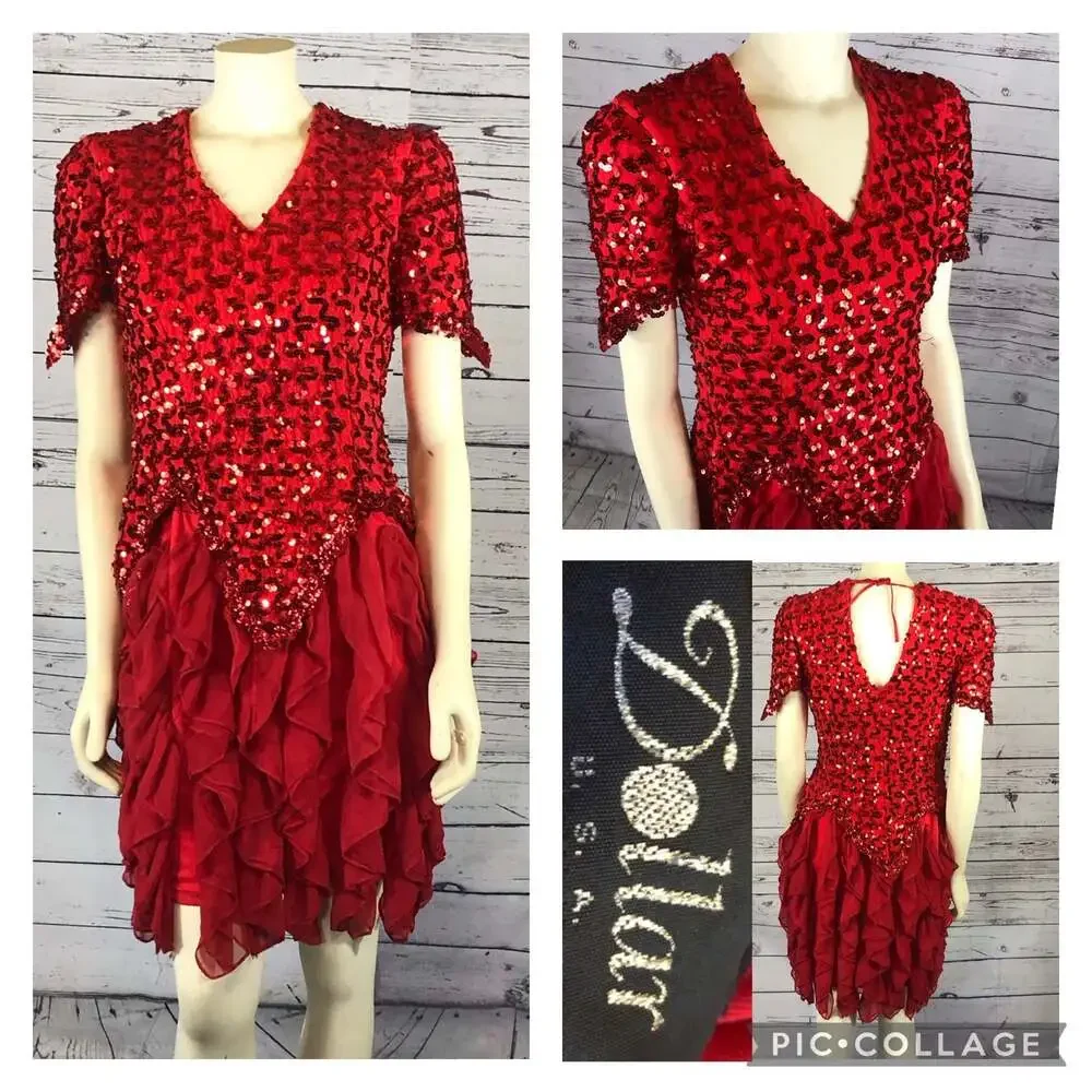 American Vintage Dollar Red Sequence layered ruffled party dress size small